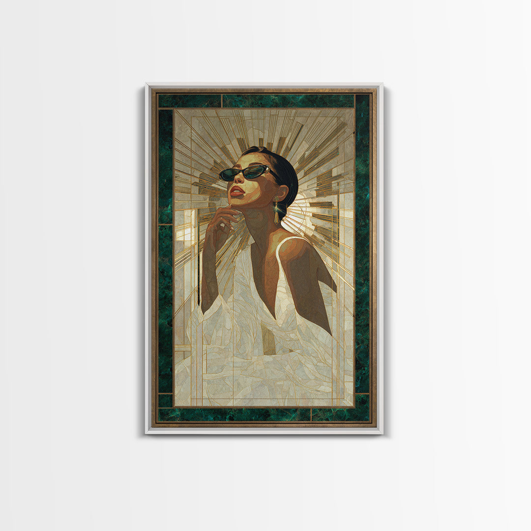 Moonlit Jazz Singer Framed by Gold Lines Canvas Print, Art Deco Art, Boho, Living Room Decor, Abstract Art, Glamour, ADA-2x3-79