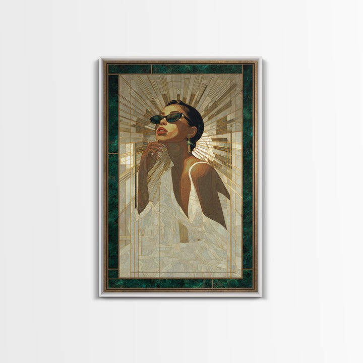 Moonlit Jazz Singer Framed by Gold Lines Canvas Print, Art Deco Art, Boho, Living Room Decor, Abstract Art, Glamour, ADA-2x3-79