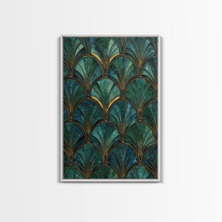 Emerald Peacock Feather Pattern Framed Canvas Print, Art Deco Art, Blue Wallpaper, Living Room Decor, Oil Painting, Glamour, ADA-2x3-8