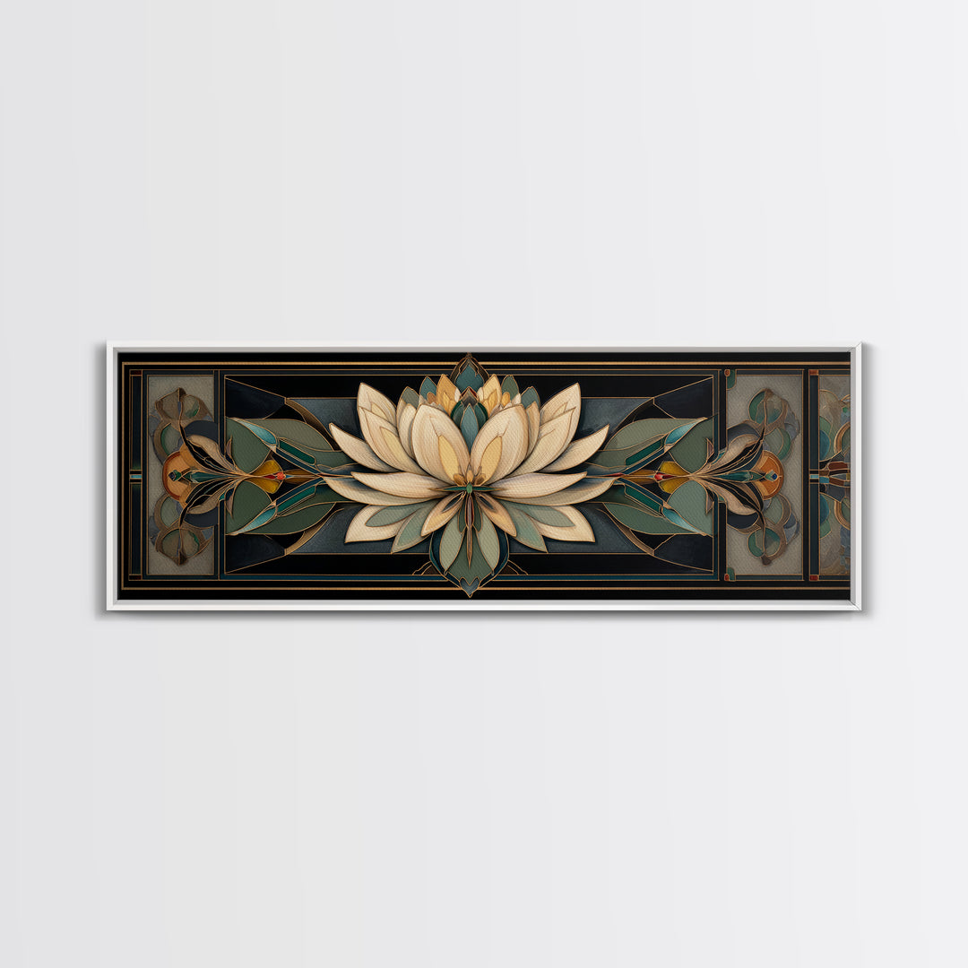 Geometric Lotus Flower Framed Canvas Print, Art Deco Art, Blue Wallpaper, Living Room Decor, Watercolor Art, Glamour, ADA-3x1-28