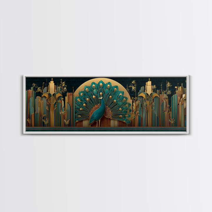 Sleek Peacock with Jeweled Feathers and Stepped Canvas Print, Art Deco Art, Living Room Decor, Abstract Art, Glamour, ADA-3x1-43