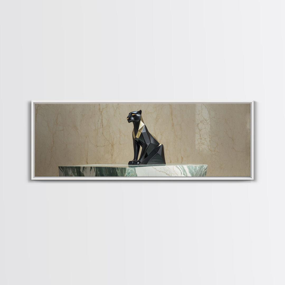 Black Panther Sculpture on a Marble Plinth Framed Canvas Print, Art Deco Art, Digital Art, Living Room Decor, Fine Art, Glamour, ADA-3x1-51