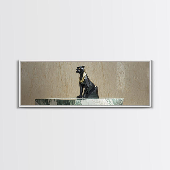 Black Panther Sculpture on a Marble Plinth Framed Canvas Print, Art Deco Art, Digital Art, Living Room Decor, Fine Art, Glamour, ADA-3x1-51