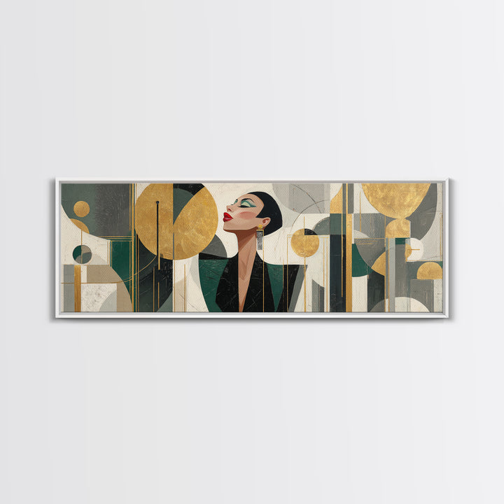 Moonlit Jazz Singer Framed by Gold Lines Framed Canvas Print, Art Deco Art, Living Room Decor, Abstract Art, Glamour, ADA-3x1-63