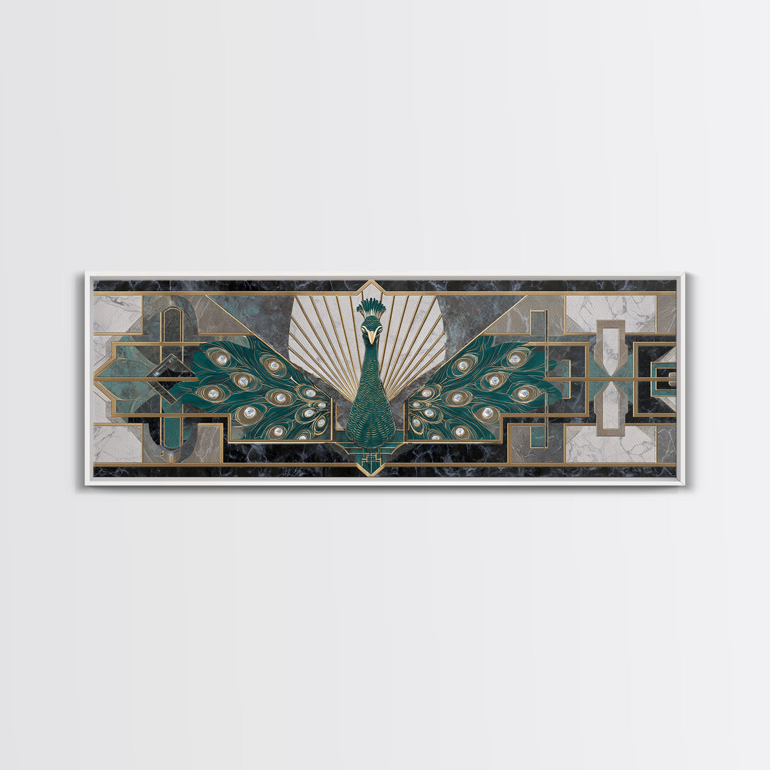 Sleek Peacock with Jeweled Feathers and Stepped Canvas Print, Art Deco Art, Mid Century Modern, Living Room Decor, Glamour, ADA-3x1-67