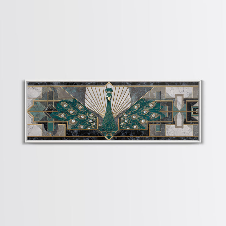 Sleek Peacock with Jeweled Feathers and Stepped Canvas Print, Art Deco Art, Mid Century Modern, Living Room Decor, Glamour, ADA-3x1-67
