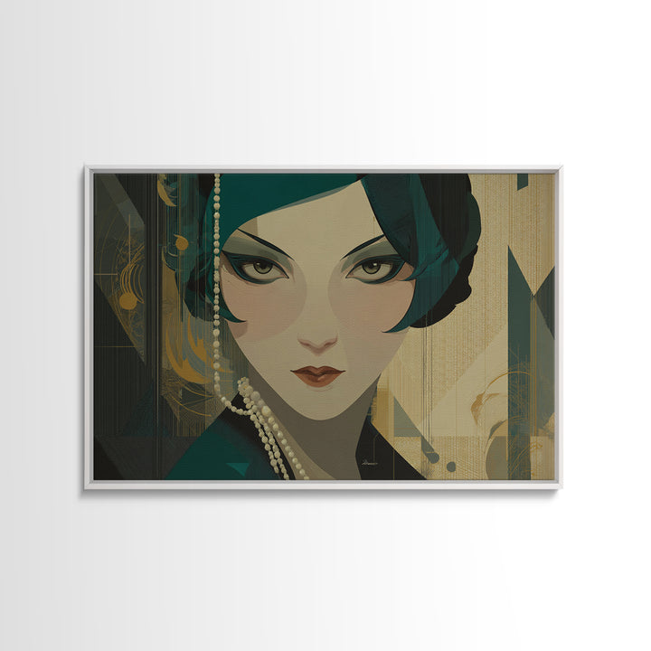 Flapper Portrait with Pearl Strands and Dramatic Canvas Print, Art Deco Art, Printable Art, Living Room Decor, Oil Painting, ADA-3x2-42