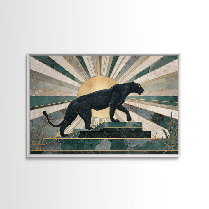 Black Panther Sculpture on a Marble Plinth Framed Canvas Print, Art Deco Art, Wall Art Print, Living Room Decor, Glamour, ADA-3x2-63