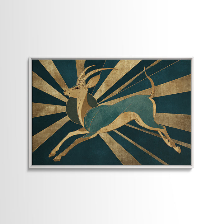 Stylized Gazelle Leaping Through Gold Rays Canvas Print, Art Deco Art, Downloadable Art, Living Room Decor, Glamour, Art Print, ADA-3x2-65