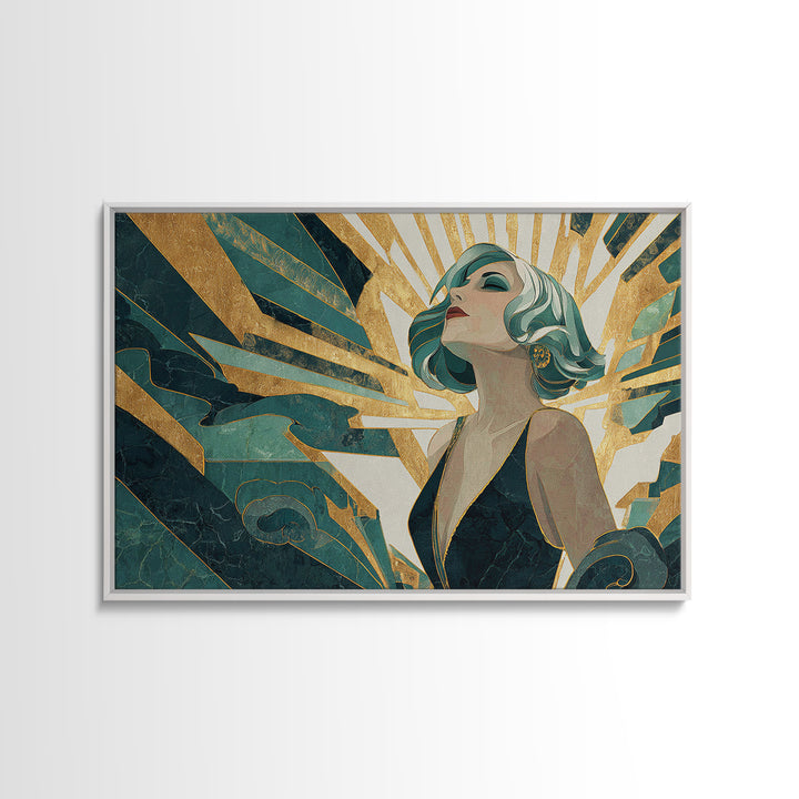 Moonlit Jazz Singer Framed by Gold Lines Canvas Print, Art Deco Art, Decor, Living Room Decor, Abstract Art, Glamour, ADA-3x2-75