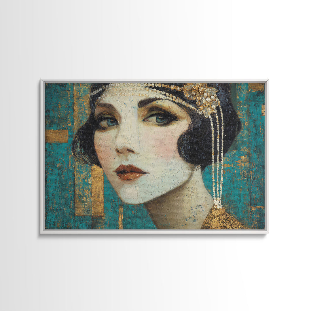 Flapper Portrait with Pearl Strands and Dramatic Canvas Print, Art Deco Art, Removable Wallpaper, Living Room Decor, Glamour, ADA-3x2-90