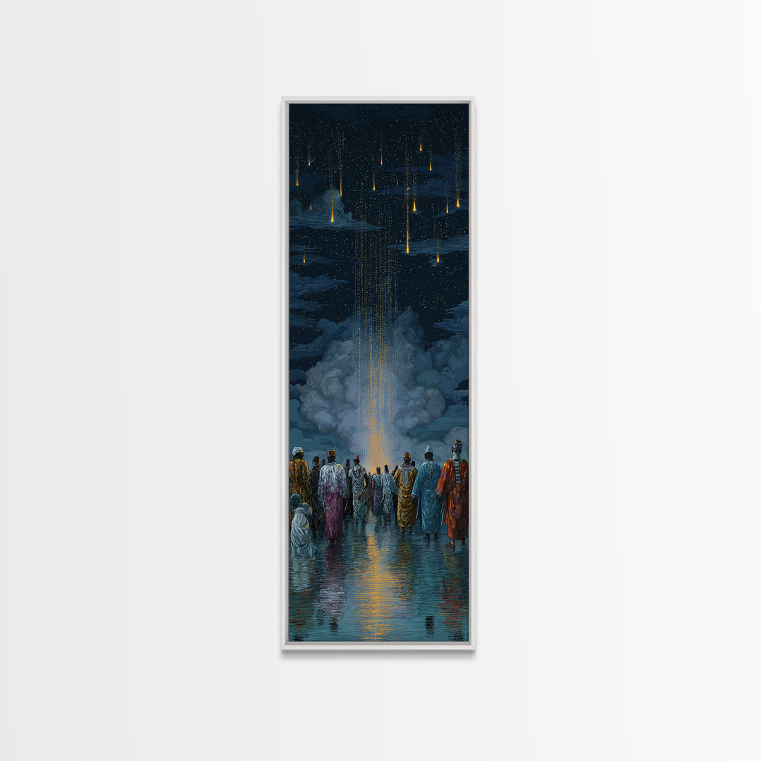 Robed Figures Watching Golden Light Rain From Clouds, Wall Art, Spiritual African Canvas Print, Mystical Home Decor Gift