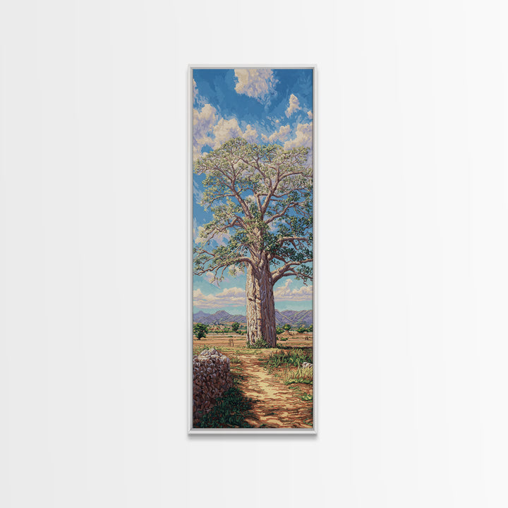 Sunlit Baobab Tree Landscape, African Wall Art, Safari Decor, Nature Scene Art, Blue Sky Framed Canvas Print Gift For Living Room