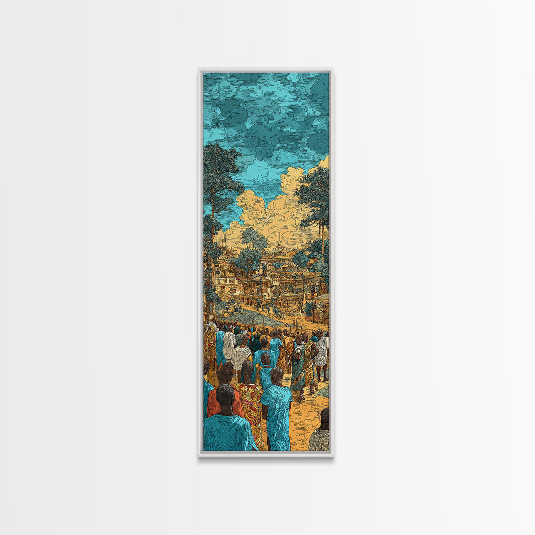 Bustling African Village Market, African Wall Art, Cultural Decor, West Africa Art, Turquoise Canvas Print Home Decor Gift