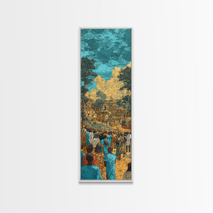 Bustling African Village Market, African Wall Art, Cultural Decor, West Africa Art, Turquoise Canvas Print Home Decor Gift