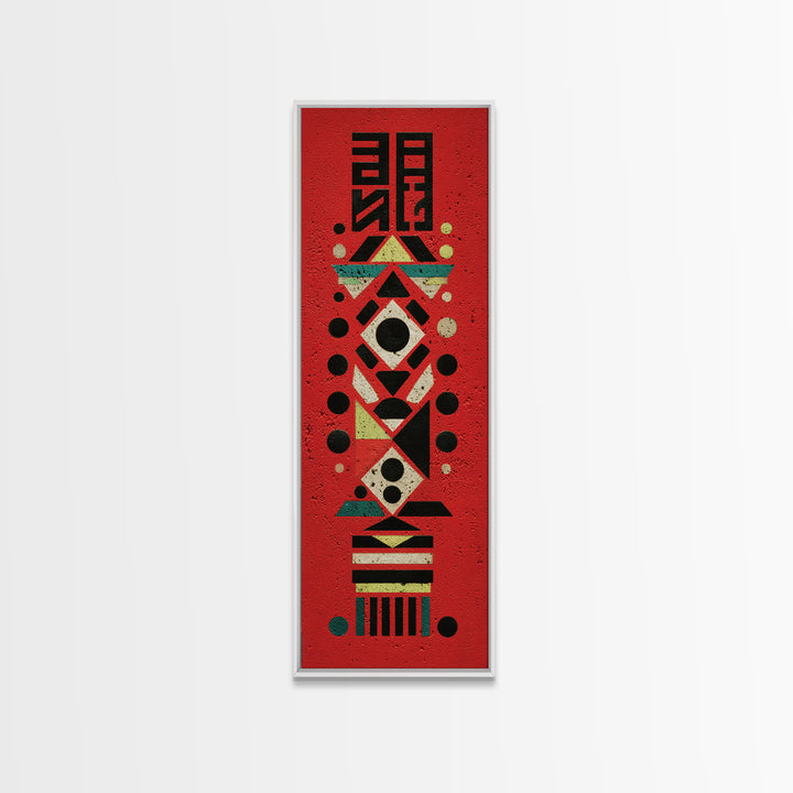 Red Tribal Geometric Totem, African Wall Art, Modern Afro Decor, Ethnic Pattern Framed Canvas Print Statement Gift For Home