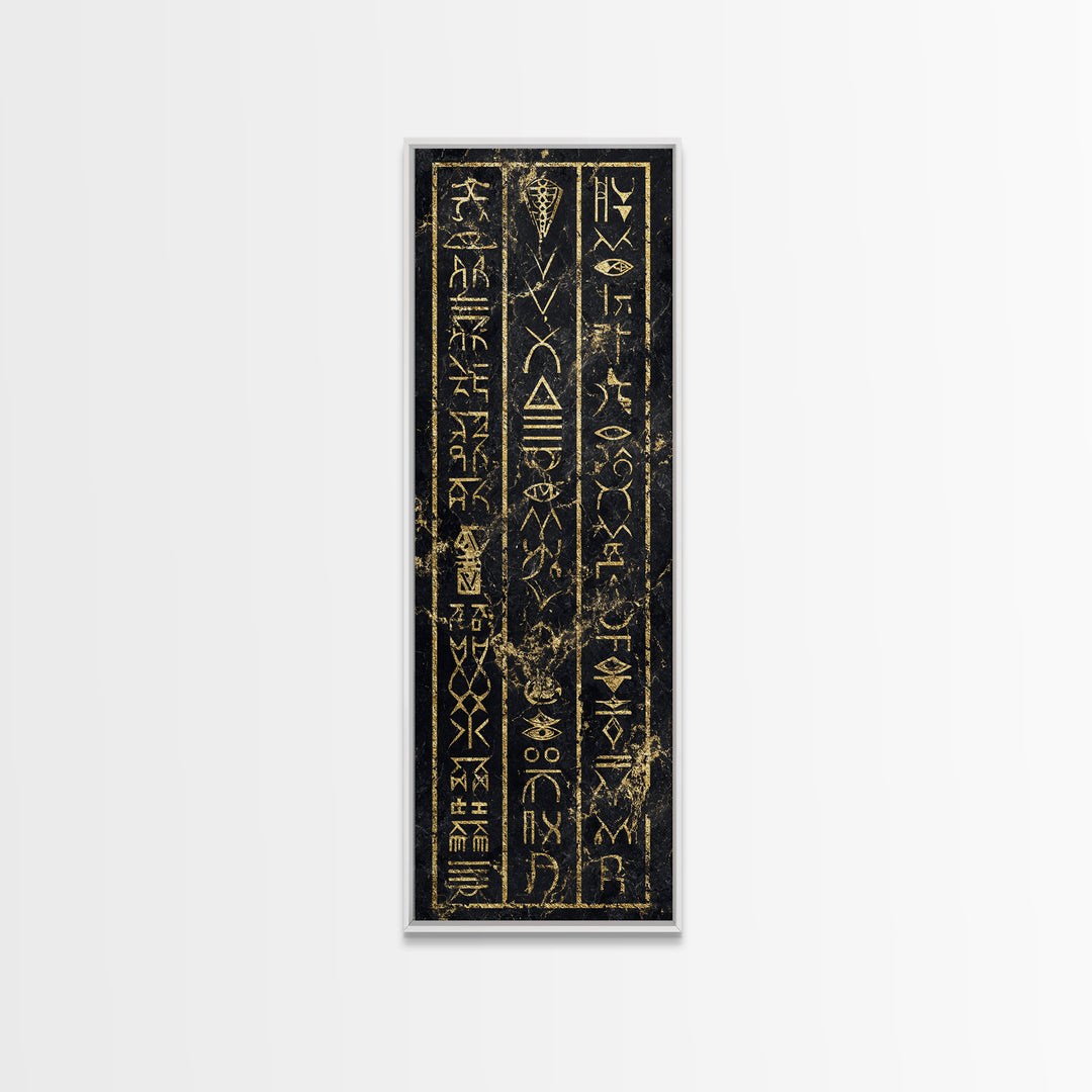 Gold Ancient African Glyphs On Black Wall Art, Tribal Hieroglyphic Canvas, Afrocentric Decor, Cultural Home Decor Gift For Living Room