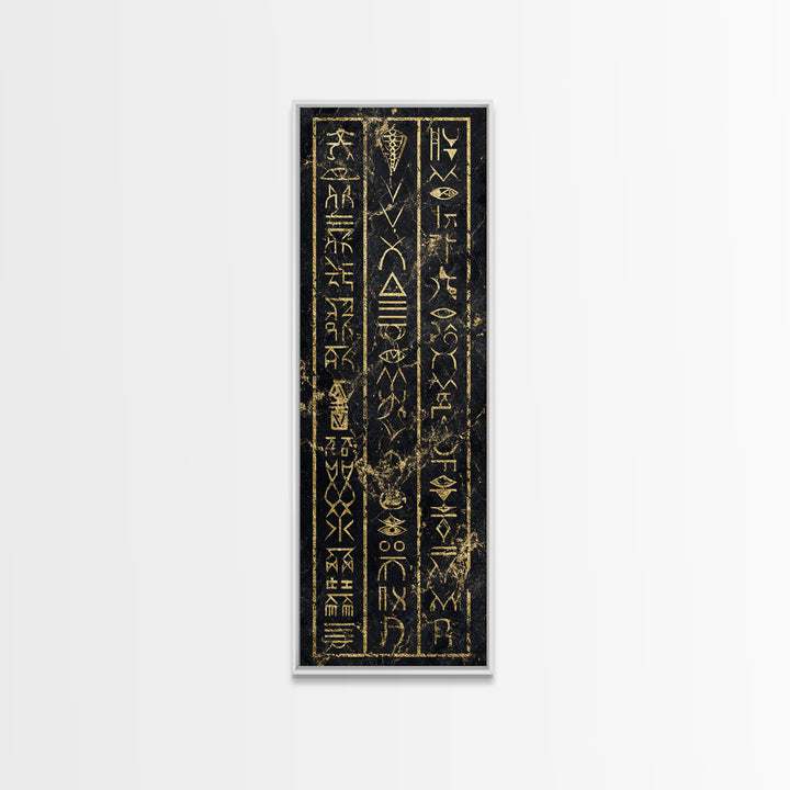 Gold Ancient African Glyphs On Black Wall Art, Tribal Hieroglyphic Canvas, Afrocentric Decor, Cultural Home Decor Gift For Living Room