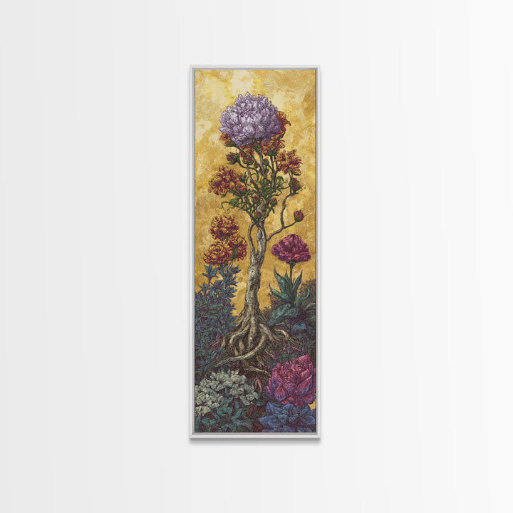 Golden Surreal African Flowering Tree Canvas Print, Botanical Wall Decor, Nature Scene Art, Elegant Home Decor Gift For Living Room