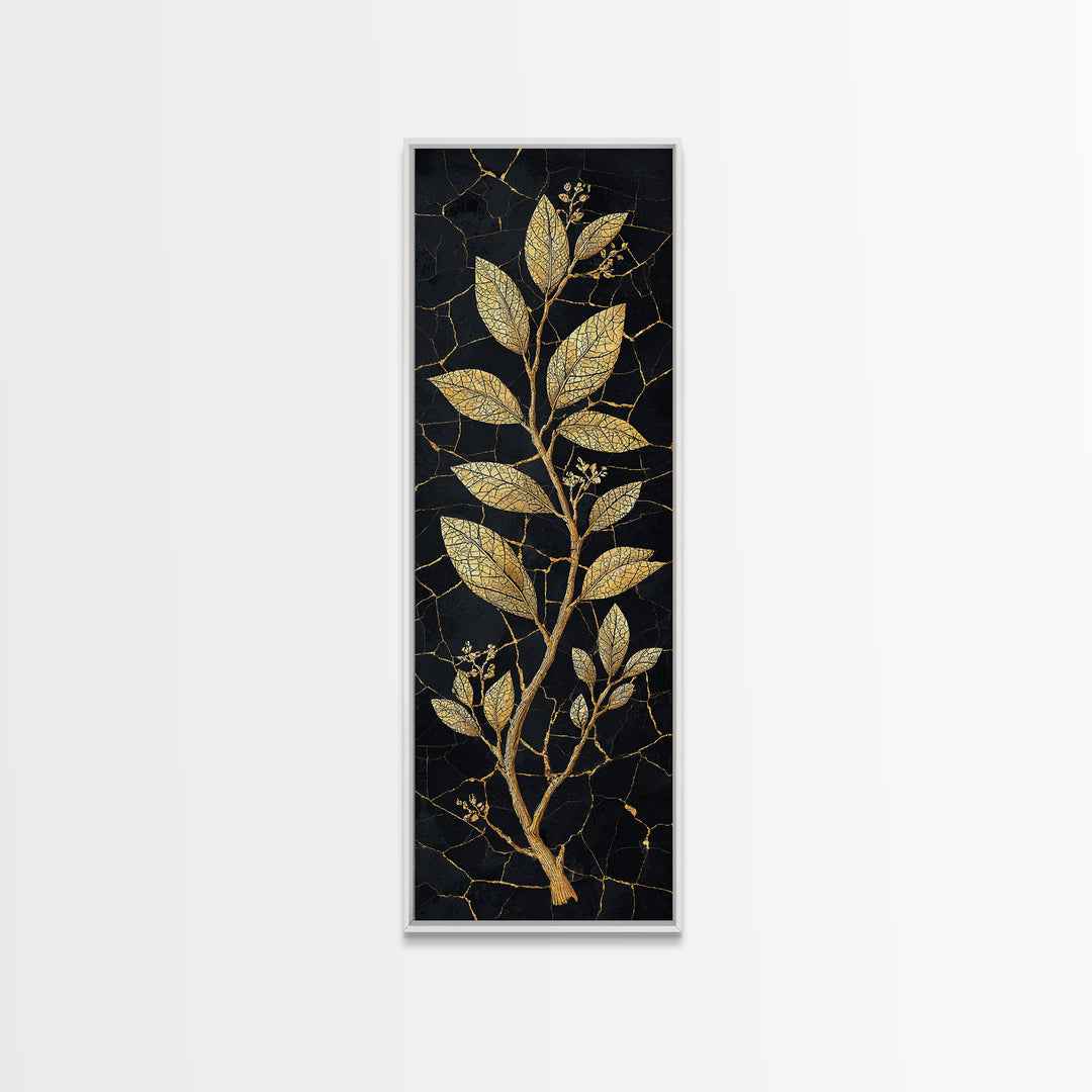 Gold Botanical Branch On Cracked Black Stone Wall Art, Luxury Canvas Print, Elegant Home Decor, Nature Artwork Gift For Living Room