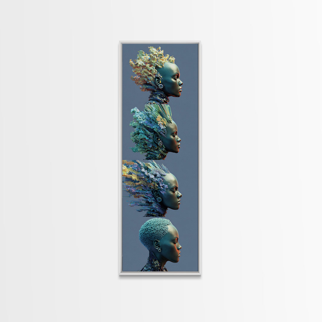 Four Blue African Women In Profile With Floral Hair Framed Canvas Print, Afrocentric Wall Art, Black Beauty Portrait Decor