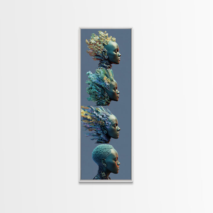 Four Blue African Women In Profile With Floral Hair Framed Canvas Print, Afrocentric Wall Art, Black Beauty Portrait Decor