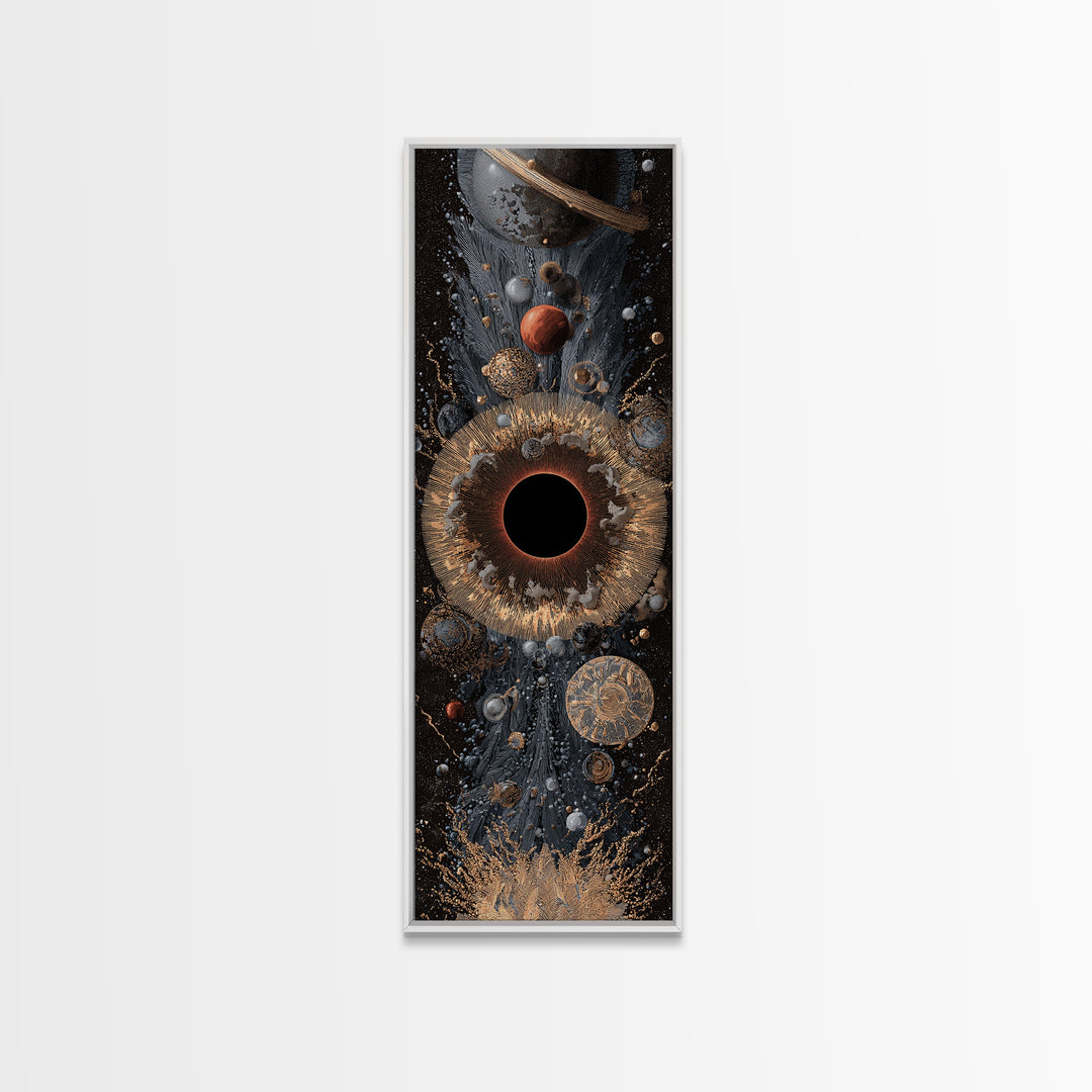 Cosmic Black Hole With Gold Planets And Textured Orbit Canvas Print, Abstract Wall Art, Modern Space Decor, Luxury Art Gift
