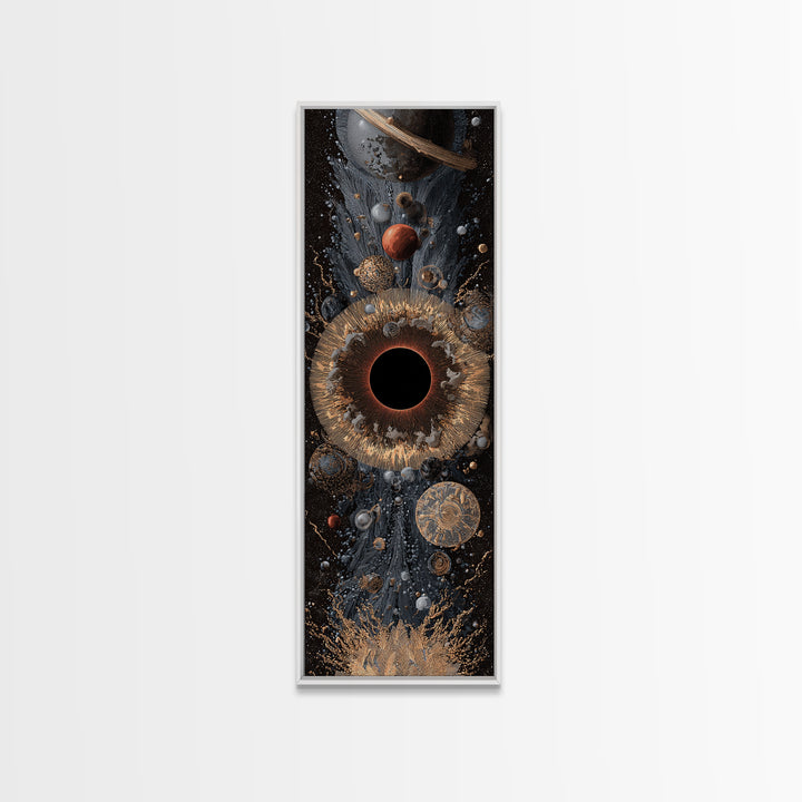 Cosmic Black Hole With Gold Planets And Textured Orbit Canvas Print, Abstract Wall Art, Modern Space Decor, Luxury Art Gift