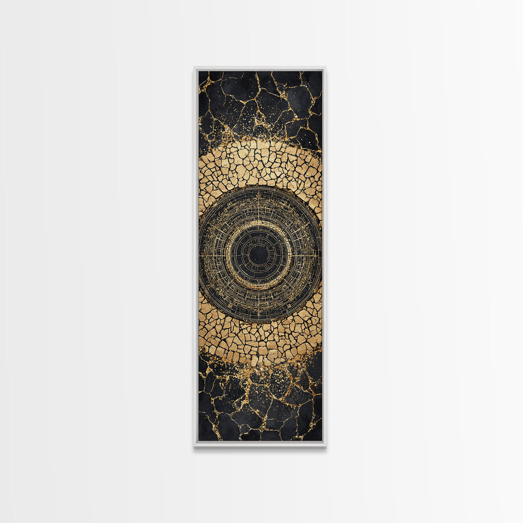 Cracked Gold Circular Mandala On Black Stone Wall Art, Geometric Canvas Print, African Inspired Decor, Bold Statement Gift