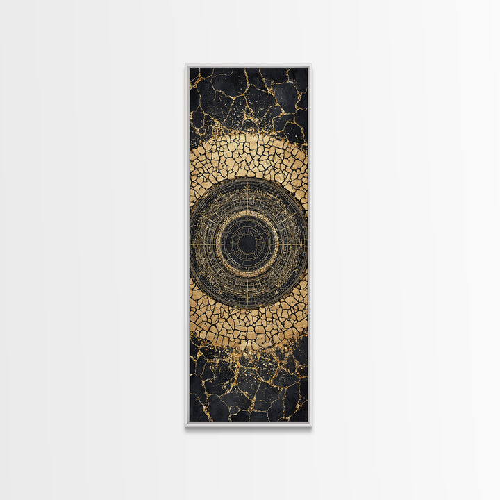 Cracked Gold Circular Mandala On Black Stone Wall Art, Geometric Canvas Print, African Inspired Decor, Bold Statement Gift