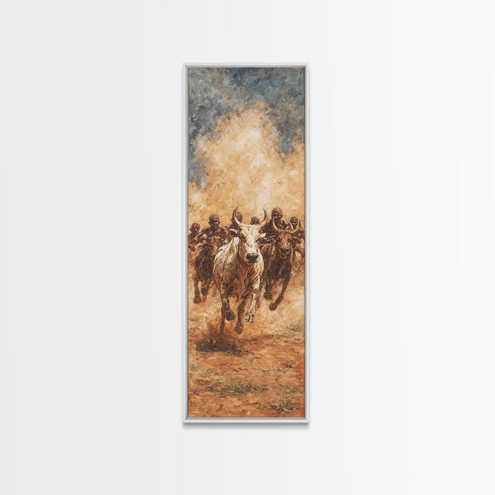 Dusty African Cattle Charge With Warriors Wall Art, Afrocentric Safari Painting, Tribal Culture Decor, Large Canvas Print