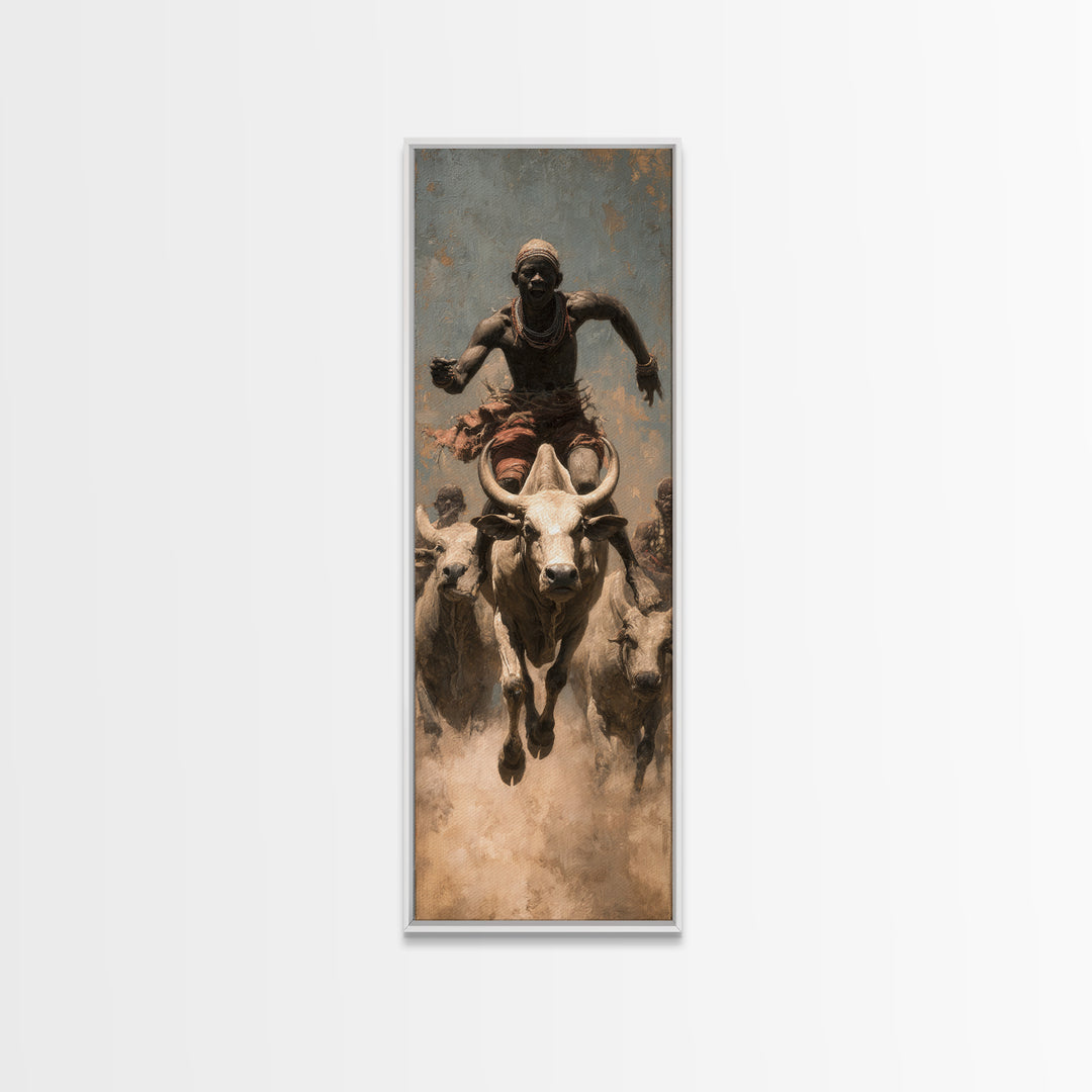 African Bull Rider Herding Cattle Framed Canvas Print, Warrior Portrait Wall Art, Afrocentric Safari Decor, Rustic Home Gift