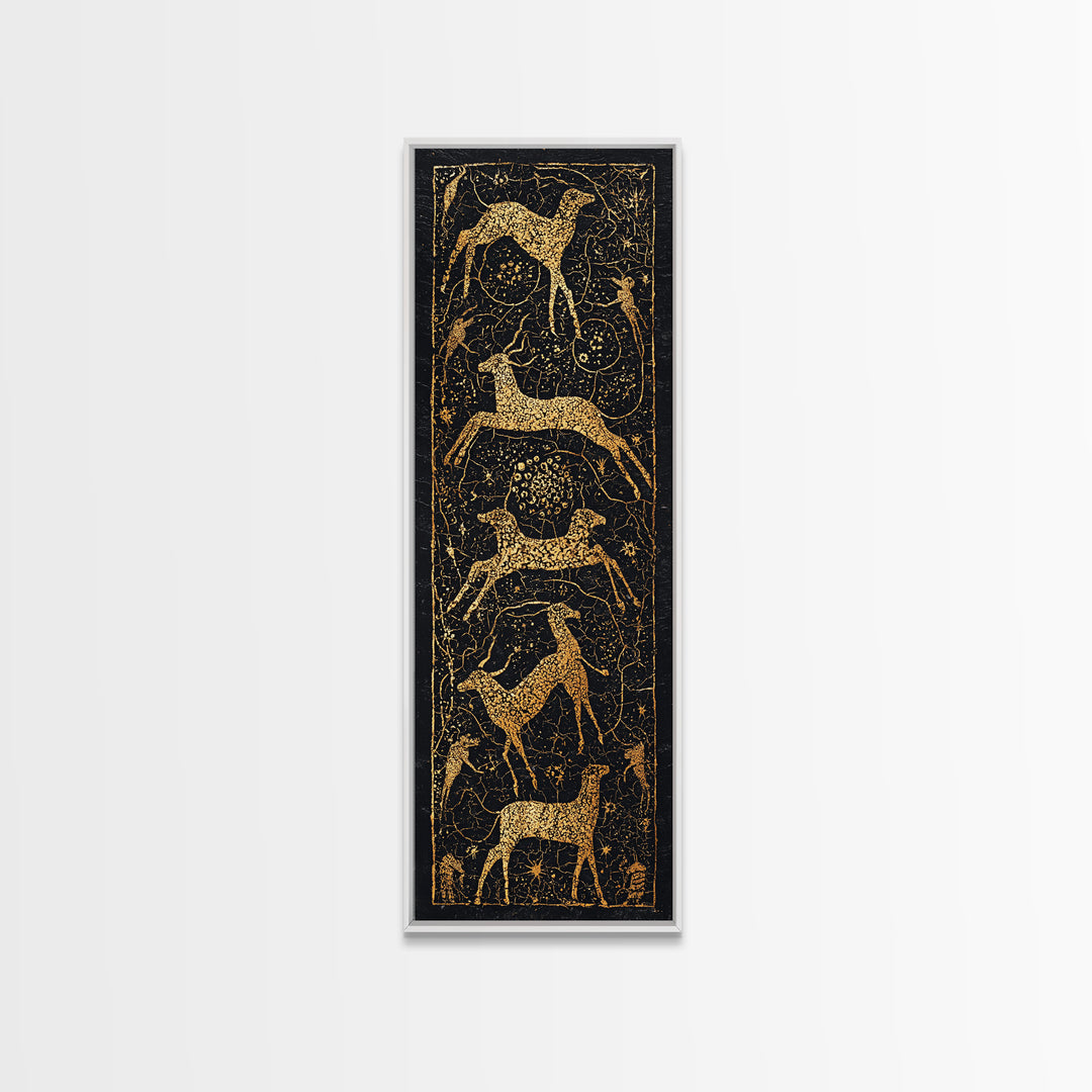Gold Giraffe And Antelope Tribal Pattern Canvas Print, African Safari Wall Art, Black Gold Decor, Ethnic Textile Inspired Style