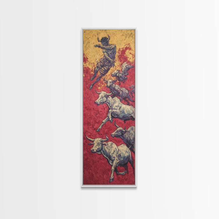 Leaping Bull Rider Over White Cattle Wall Art, African Warrior Art Canvas Print, Red Ochre Safari Decor, Bold Ethnic Gift