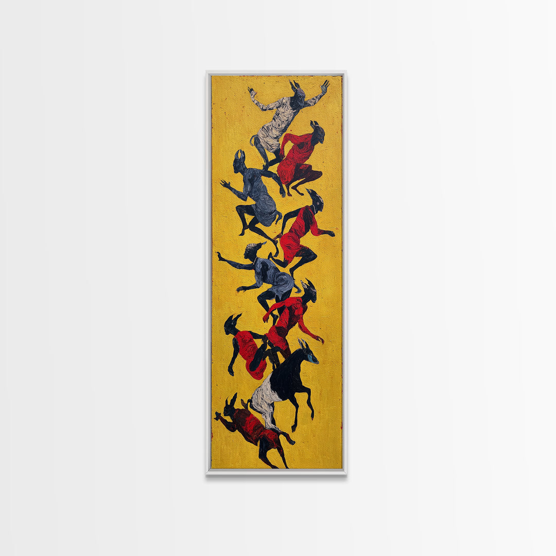 Yellow Abstract Dancers And Goats Canvas Print, African Tribal Art Wall Art, Red Black Ethnic Decor, Modern Culture Gift