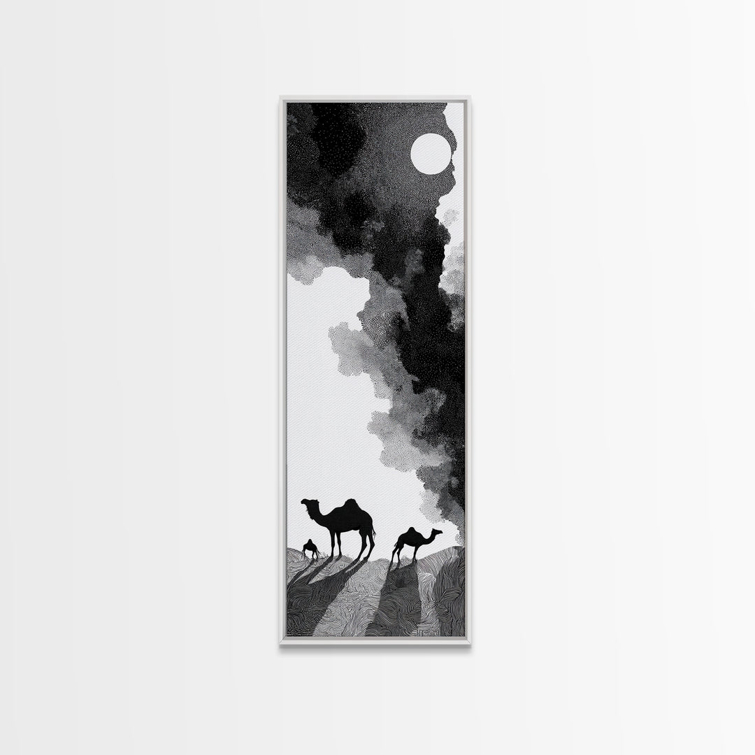 Black And White Desert Camels Under Sun Wall Art, African Landscape Canvas Print, Minimalist Safari Decor, Boho Travel Gift