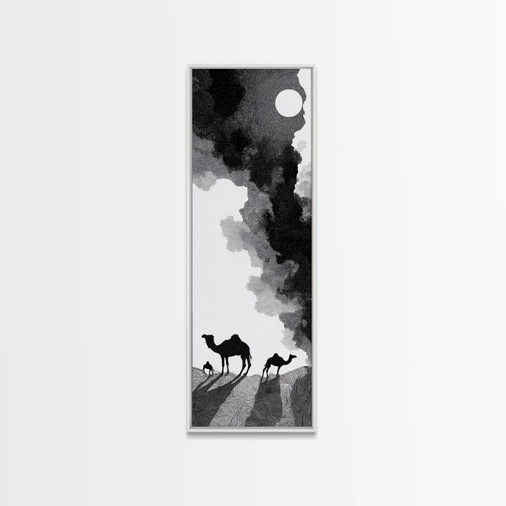 Black And White Desert Camels Under Sun Wall Art, African Landscape Canvas Print, Minimalist Safari Decor, Boho Travel Gift