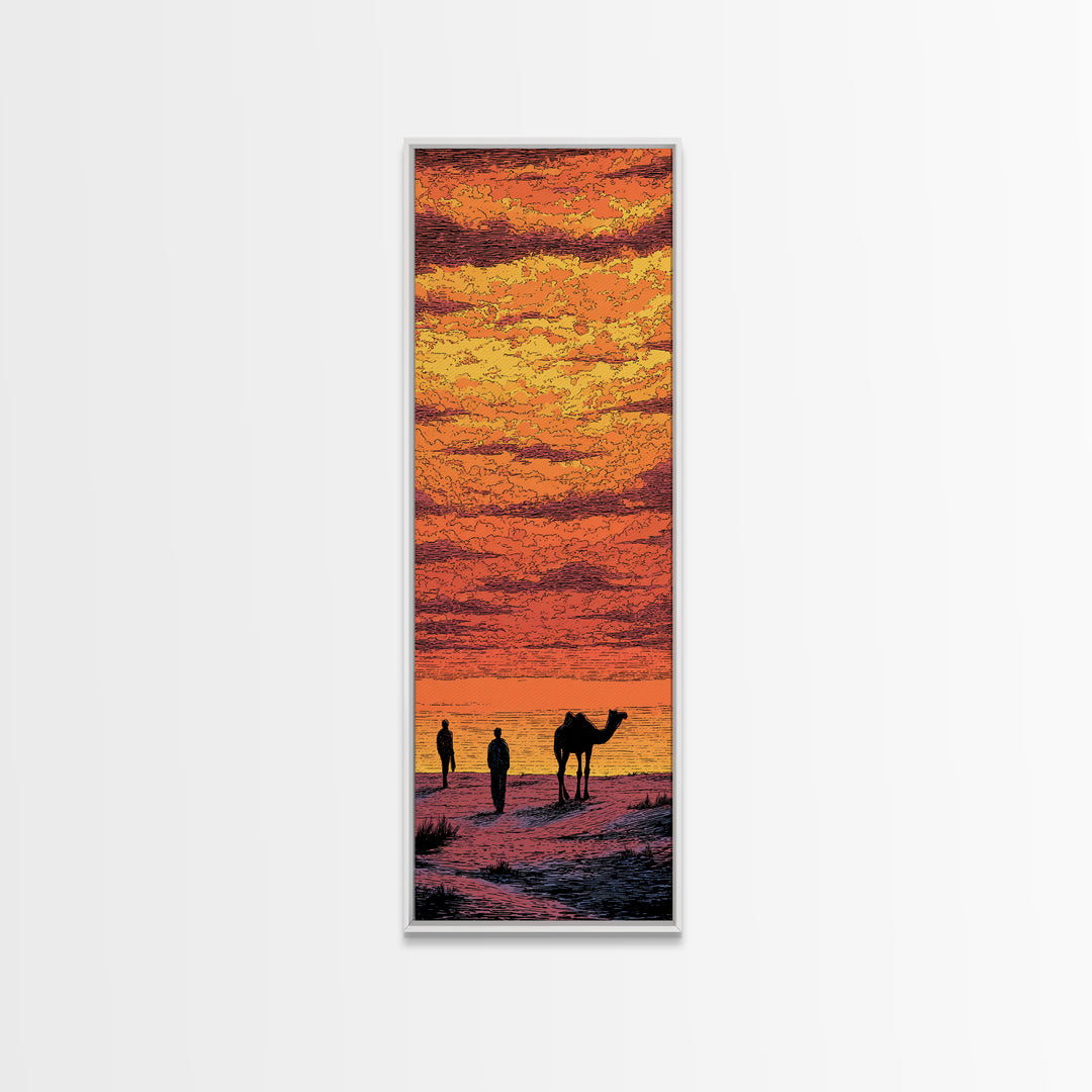 Orange Sahara Sunset With Camel Silhouettes Canvas Print, African Landscape Wall Art, Desert Travel Decor, Warm Boho Gift