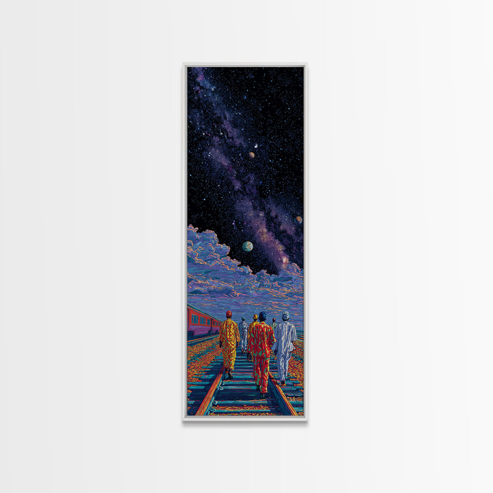 Afrofuturist Travelers On Cosmic Railroad Canvas Print, Black Culture Art, Galaxy Wall Decor, Modern African Home Decor Gift
