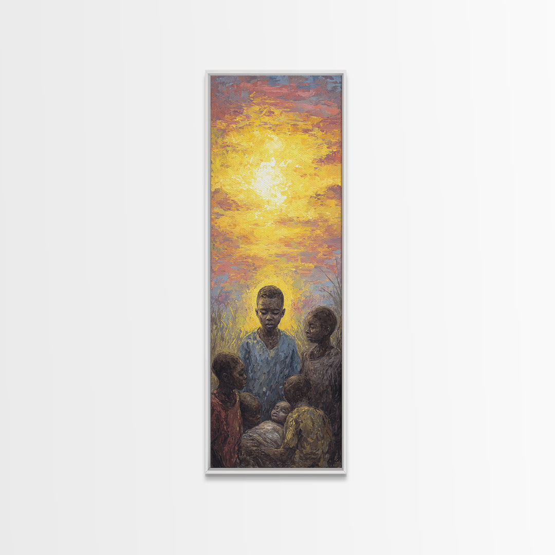 African Children Gathered In Golden Sunset Wall Art, Black Family Art, Motherland Portrait, Warm Cultural Home Decor Gift