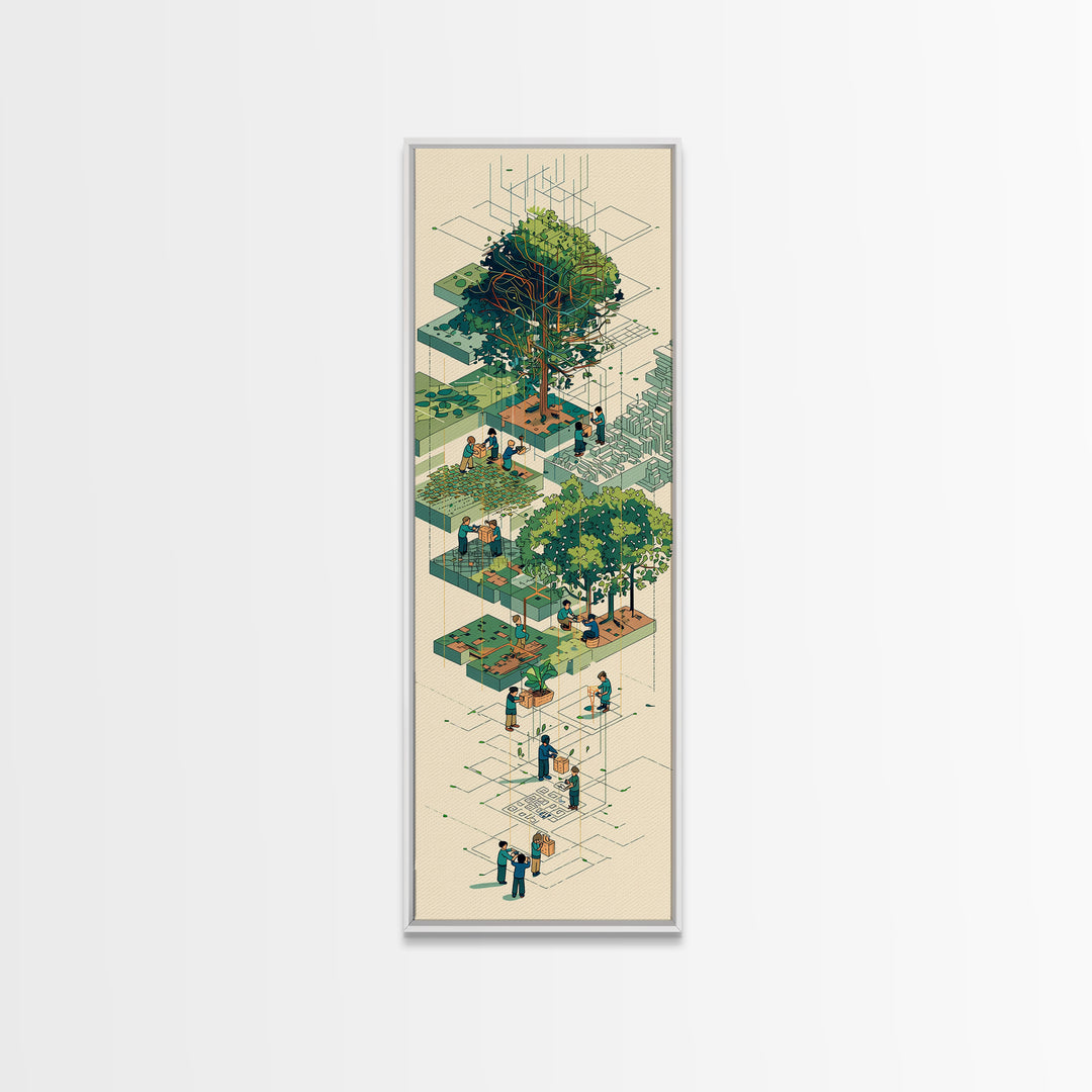 Isometric Urban Garden And Big Tree Wall Art, Community Park Illustration, Modern Green Home Decor, Unique Canvas Gift For Office