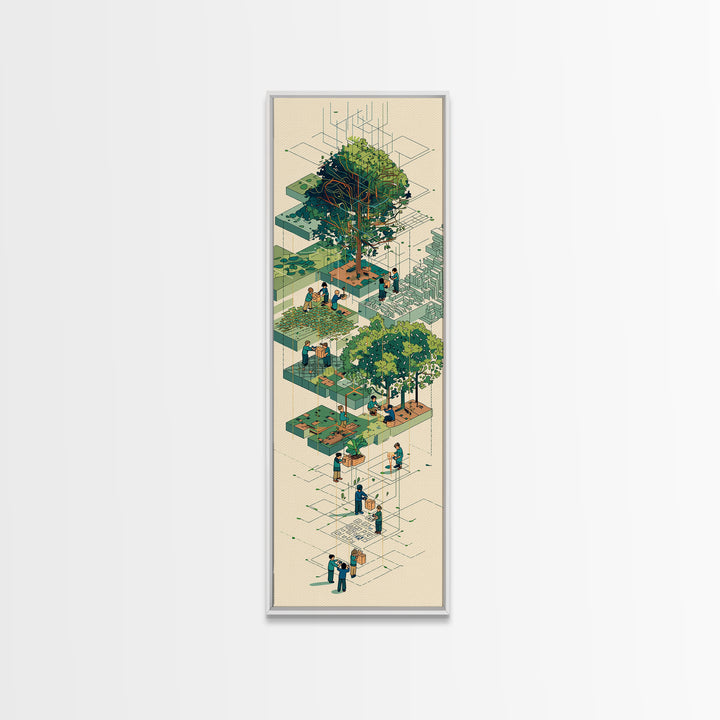 Isometric Urban Garden And Big Tree Wall Art, Community Park Illustration, Modern Green Home Decor, Unique Canvas Gift For Office