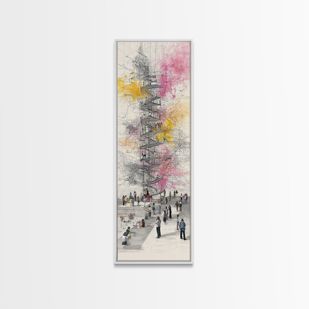 Spiral Tower In Blooming City Framed Canvas Print, Architectural Wall Art, Urban People Scene, Modern Office Decor Gift For Him