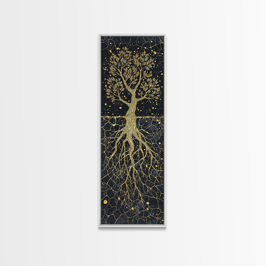 Golden Rooted Tree Of Life Framed Canvas Print, African Abstract, Black And Gold Art, Spiritual Wall Decor, Statement Piece