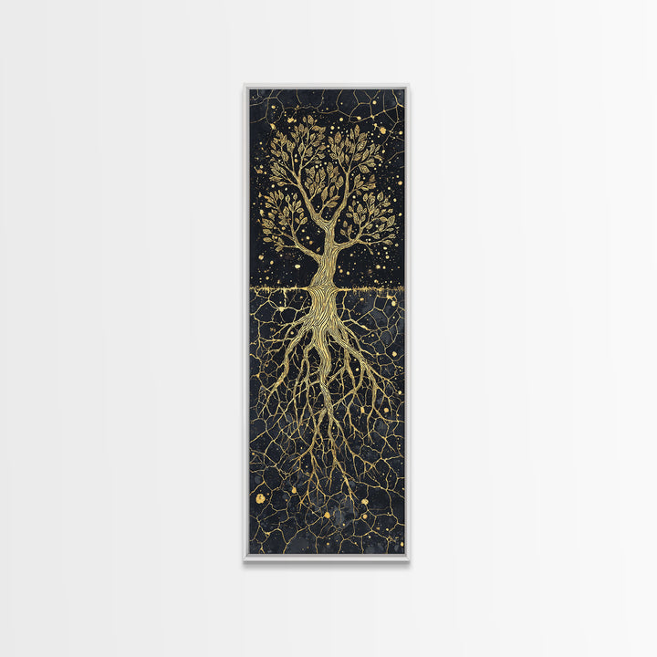 Golden Rooted Tree Of Life Framed Canvas Print, African Abstract, Black And Gold Art, Spiritual Wall Decor, Statement Piece