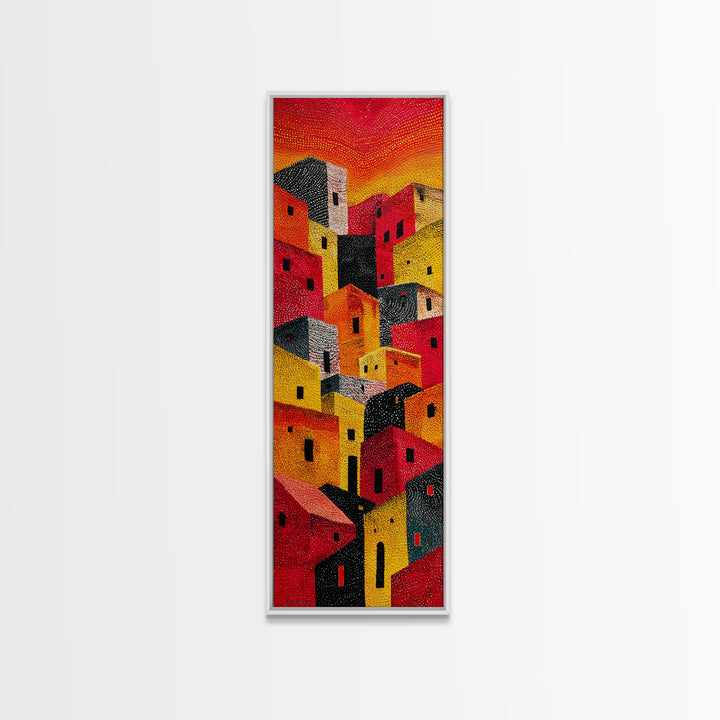 Bold Sunlit Geometric Village Wall Art, African Inspired Decor, Colorful Abstract Painting, Modern Boho Canvas Print Gift