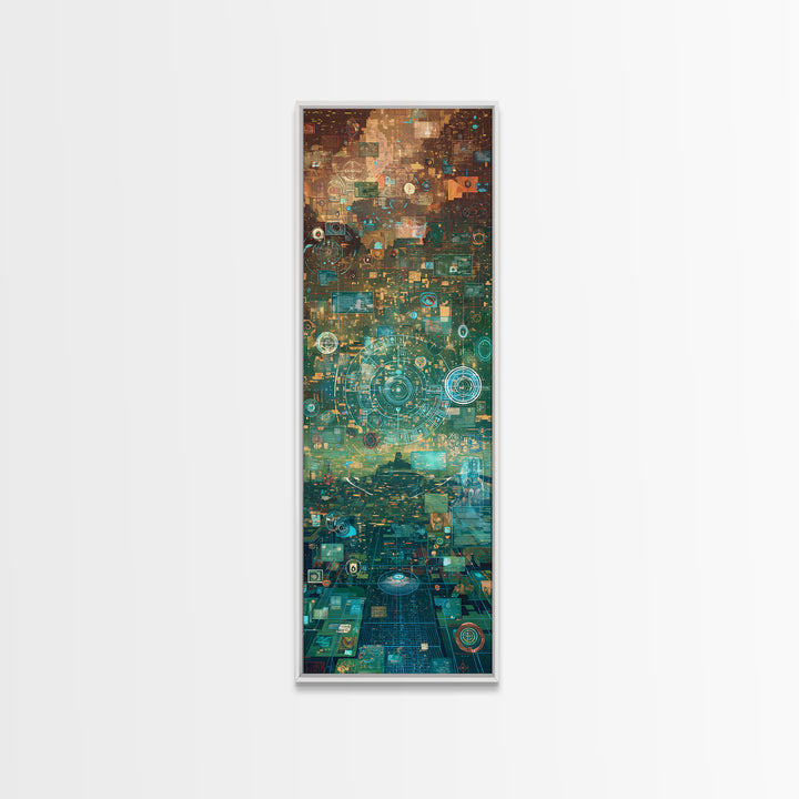 Futuristic Teal Gold Circuit City Wall Art, Afrofuturism Decor, Abstract African Art Print, Modern Canvas Office Decor Gift