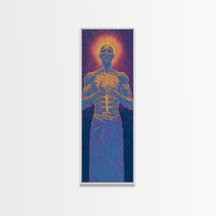 Glowing Anatomical Prayer Male Energy Figure Canvas Print, Spiritual Wall Art, Abstract Black Art, Meditation Room Decor Gift