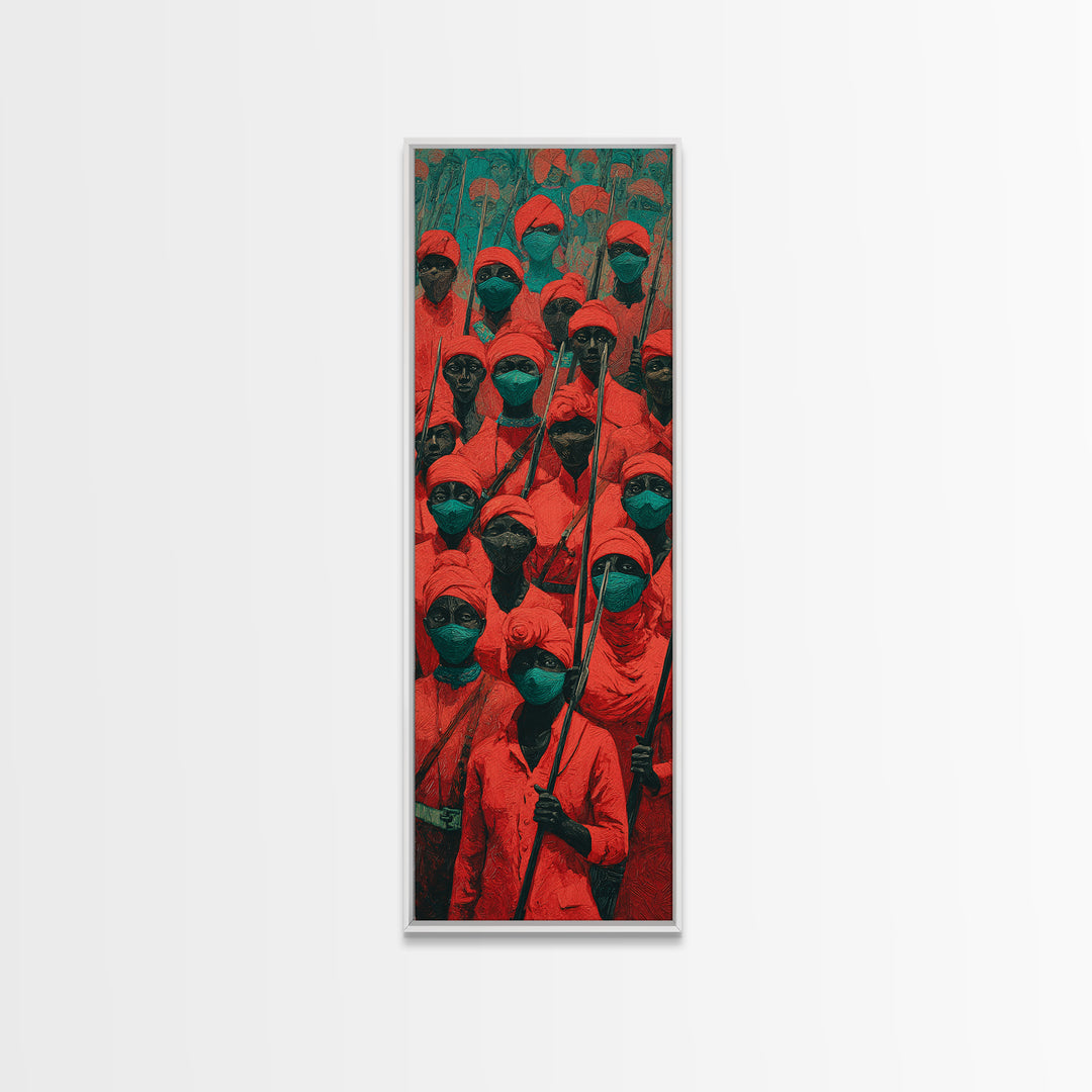 Red Hooded Spear Bearers Procession Wall Art, African Warrior Art, Tribal Decor, Cultural Wall Decor, Bold Canvas Print Gift