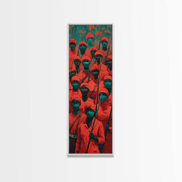 Red Hooded Spear Bearers Procession Wall Art, African Warrior Art, Tribal Decor, Cultural Wall Decor, Bold Canvas Print Gift